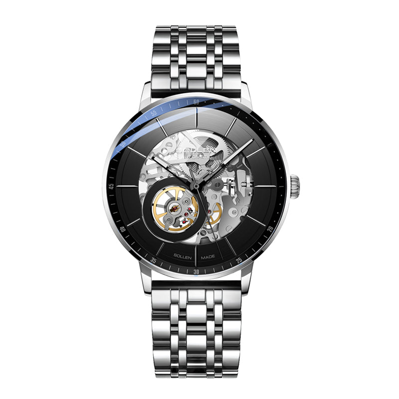 Sollen SL316 Men's Open Heart Full Skeleton Automatic Mechanical Watch - 42mm Stainless Steel Case Slim 9.9mm Acrylic Dial Wristwatch