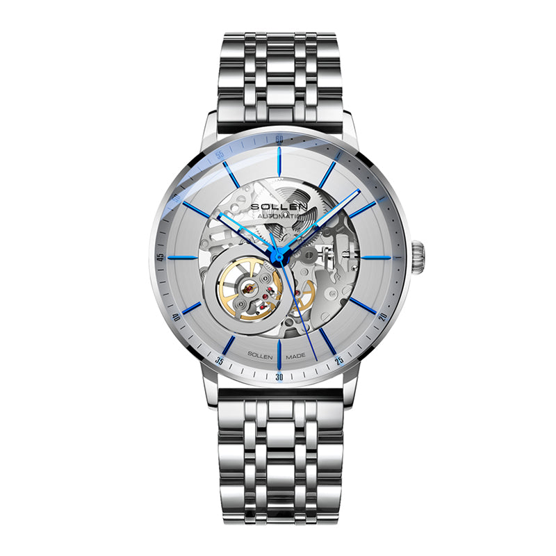 Sollen SL316 Men's Open Heart Full Skeleton Automatic Mechanical Watch - 42mm Stainless Steel Case Slim 9.9mm Acrylic Dial Wristwatch