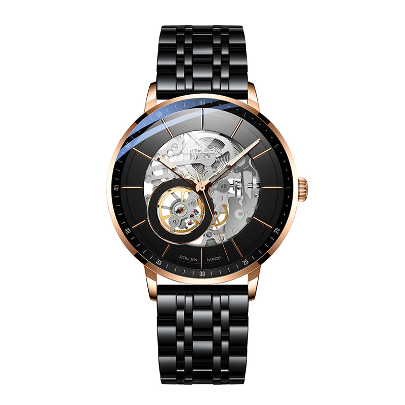 Sollen SL316 Men's Open Heart Full Skeleton Automatic Mechanical Watch - 42mm Stainless Steel Case Slim 9.9mm Acrylic Dial Wristwatch