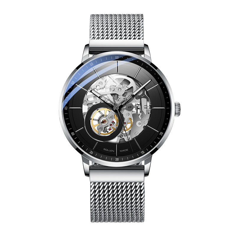 Sollen SL316 Men's Open Heart Full Skeleton Automatic Mechanical Watch - 42mm Stainless Steel Case Slim 9.9mm Acrylic Dial Wristwatch