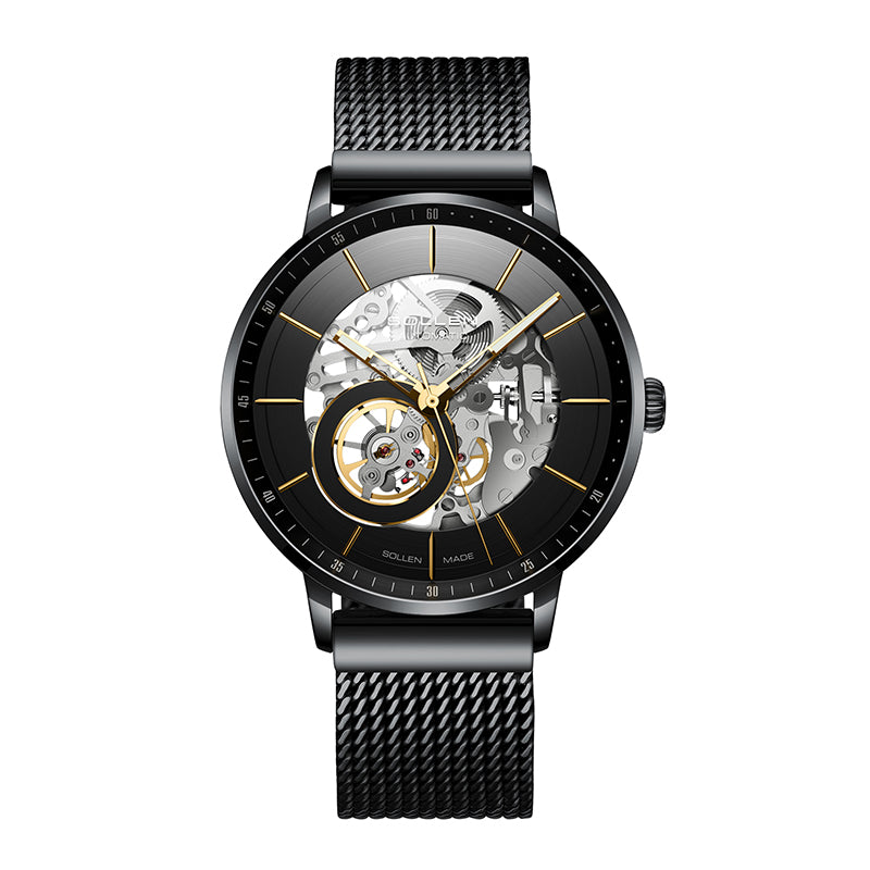 Sollen SL316 Men's Open Heart Full Skeleton Automatic Mechanical Watch - 42mm Stainless Steel Case Slim 9.9mm Acrylic Dial Wristwatch
