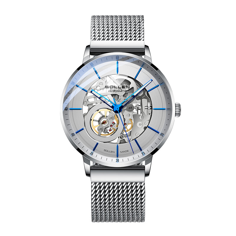 Sollen SL316 Men's Open Heart Full Skeleton Automatic Mechanical Watch - 42mm Stainless Steel Case Slim 9.9mm Acrylic Dial Wristwatch