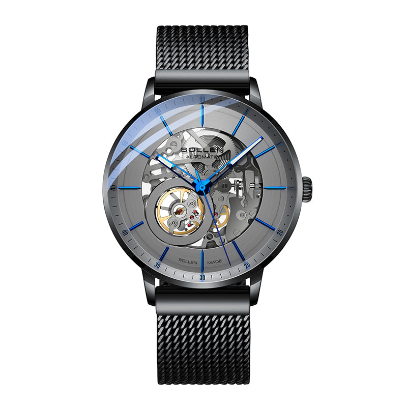 Sollen SL316 Men's Open Heart Full Skeleton Automatic Mechanical Watch - 42mm Stainless Steel Case Slim 9.9mm Acrylic Dial Wristwatch