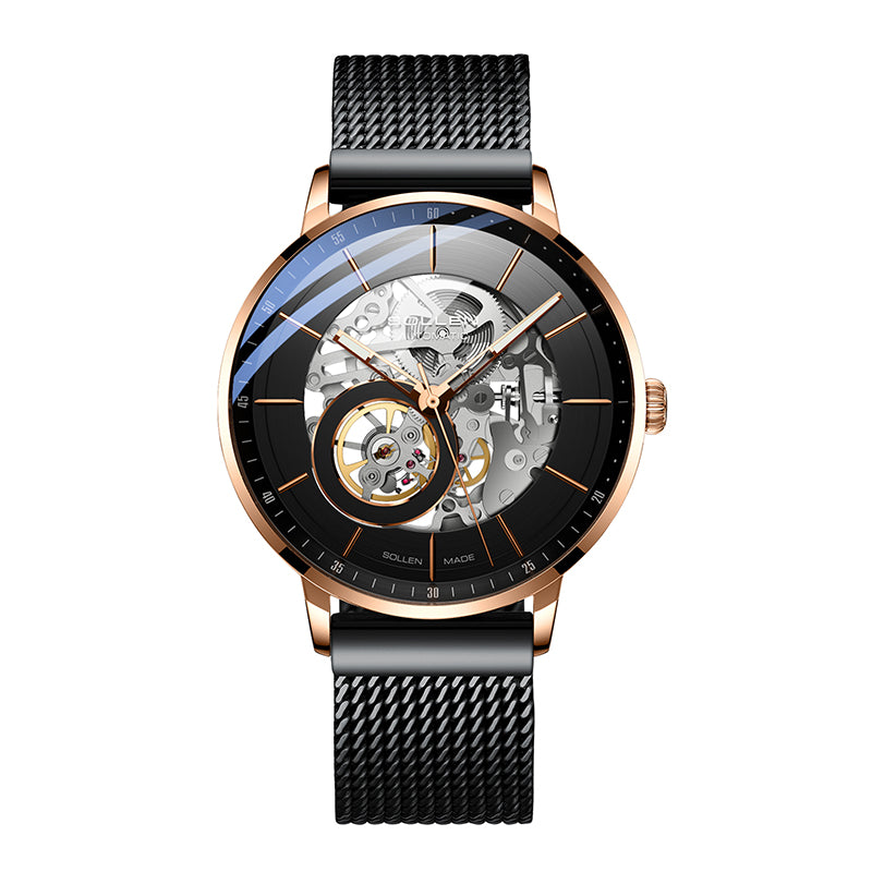 Sollen SL316 Men's Open Heart Full Skeleton Automatic Mechanical Watch - 42mm Stainless Steel Case Slim 9.9mm Acrylic Dial Wristwatch