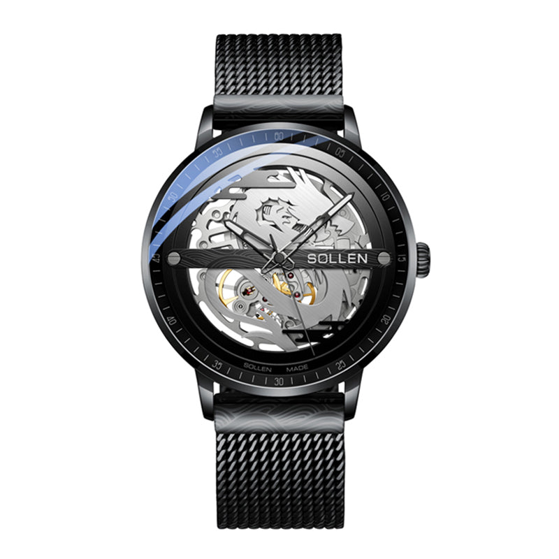 Sollen SL317 Men's Skeleton Dragon Automatic Mechanical Watch - 42mm Stainless Steel Case Slim 9.9mm Open Heart Mesh Bracelet Wristwatch