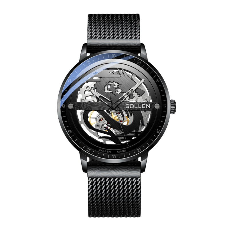 Sollen SL317 Men's Skeleton Dragon Automatic Mechanical Watch - 42mm Stainless Steel Case Slim 9.9mm Open Heart Mesh Bracelet Wristwatch