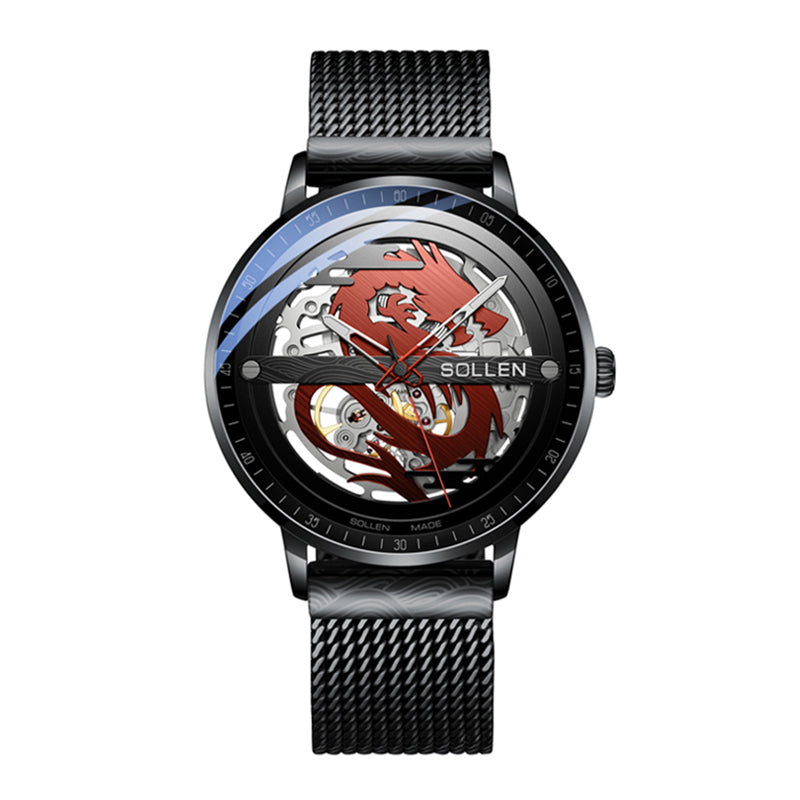 Sollen SL317 Men's Skeleton Dragon Automatic Mechanical Watch - 42mm Stainless Steel Case Slim 9.9mm Open Heart Mesh Bracelet Wristwatch
