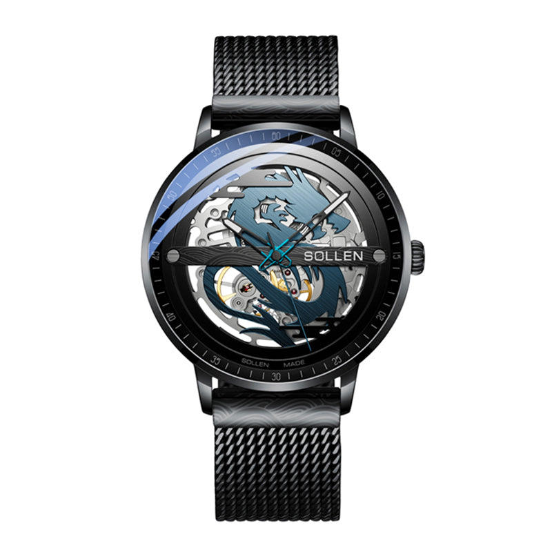 Sollen SL317 Men's Skeleton Dragon Automatic Mechanical Watch - 42mm Stainless Steel Case Slim 9.9mm Open Heart Mesh Bracelet Wristwatch