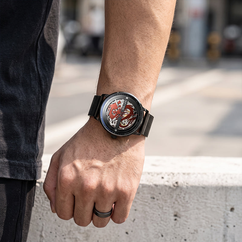 Sollen SL317 Men's Skeleton Dragon Automatic Mechanical Watch - 42mm Stainless Steel Case Slim 9.9mm Open Heart Mesh Bracelet Wristwatch