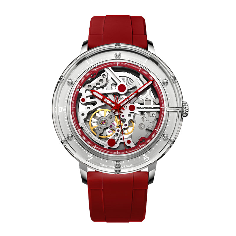 Sollen SL320 Men's Full Skeleton Automatic Mechanical Watch - 42mm K9 Glass Case Sandblasted Open Dial Fluororubber Strap Wristwatch
