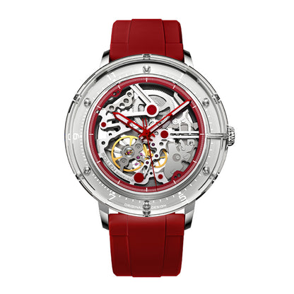 Sollen SL320 Men's Full Skeleton Automatic Mechanical Watch - 42mm K9 Glass Case Sandblasted Open Dial Fluororubber Strap Wristwatch