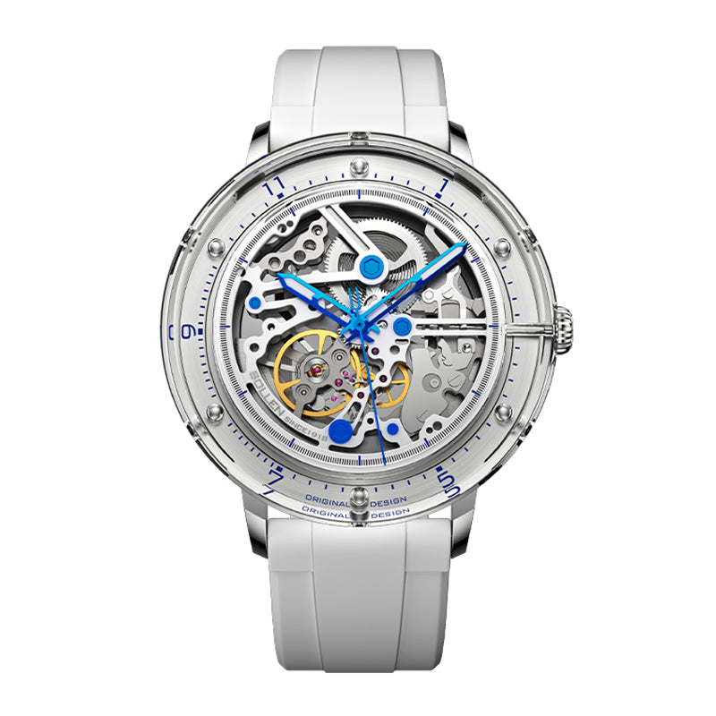 Sollen SL320 Men's Full Skeleton Automatic Mechanical Watch - 42mm K9 Glass Case Sandblasted Open Dial Fluororubber Strap Wristwatch