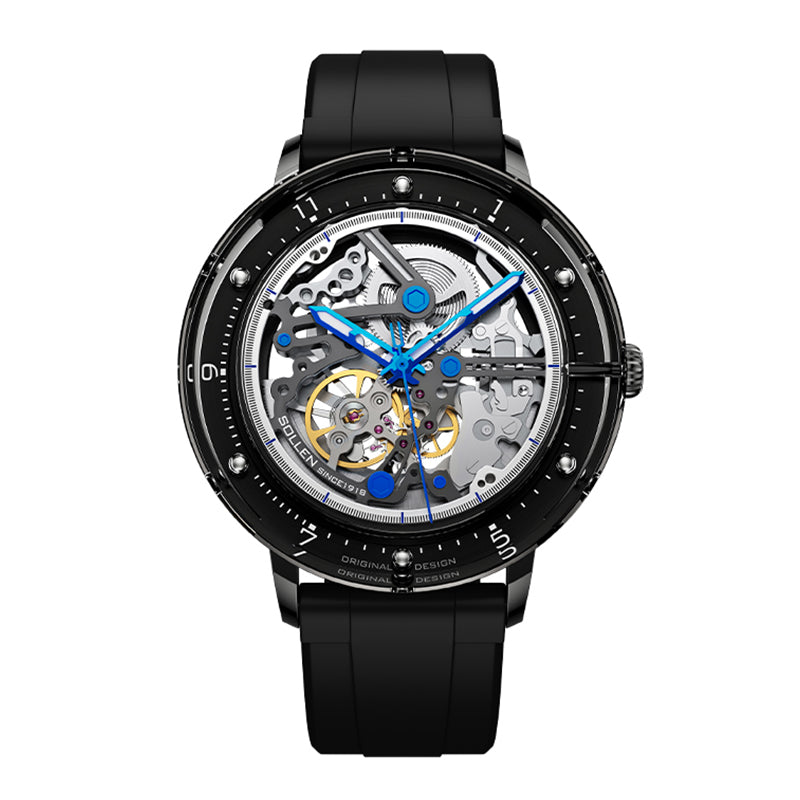 Sollen SL320 Men's Full Skeleton Automatic Mechanical Watch - 42mm K9 Glass Case Sandblasted Open Dial Fluororubber Strap Wristwatch
