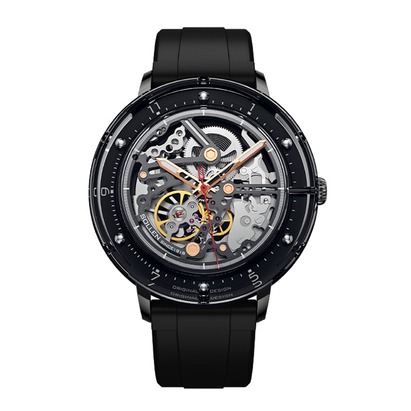 Sollen SL320 Men's Full Skeleton Automatic Mechanical Watch - 42mm K9 Glass Case Sandblasted Open Dial Fluororubber Strap Wristwatch
