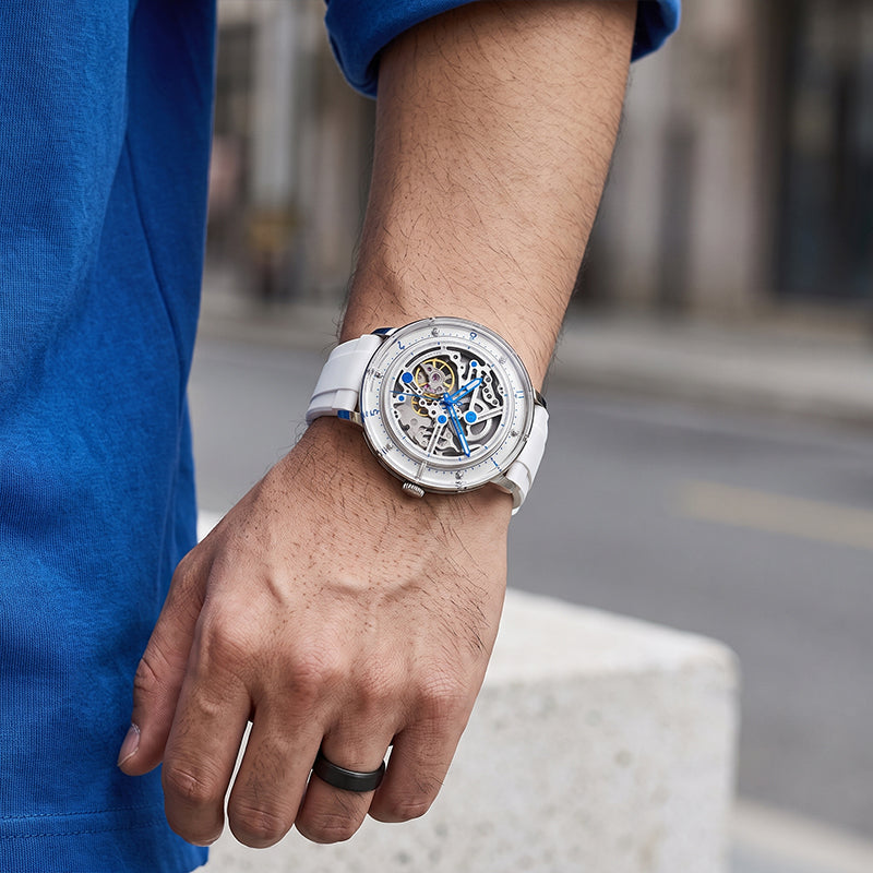 Sollen SL320 Men's Full Skeleton Automatic Mechanical Watch - 42mm K9 Glass Case Sandblasted Open Dial Fluororubber Strap Wristwatch