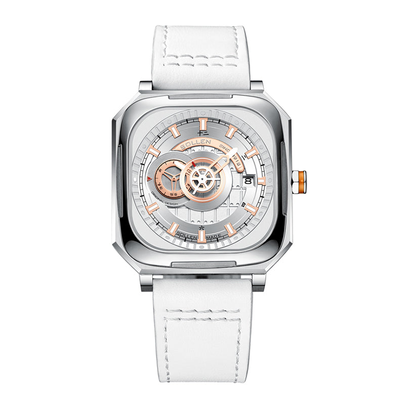Sollen SL322 Men's Square Automatic Mechanical Watch - 40x41mm Stainless Steel Case Sapphire Crystal Miyota 8217 24H Subdial Leather Strap Wristwatch