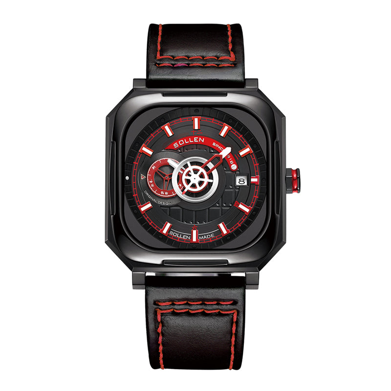 Sollen SL322 Men's Square Automatic Mechanical Watch - 40x41mm Stainless Steel Case Sapphire Crystal Miyota 8217 24H Subdial Leather Strap Wristwatch