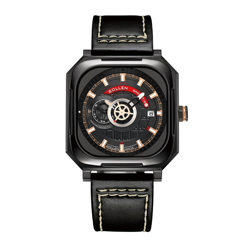 Sollen SL322 Men's Square Automatic Mechanical Watch - 40x41mm Stainless Steel Case Sapphire Crystal Miyota 8217 24H Subdial Leather Strap Wristwatch