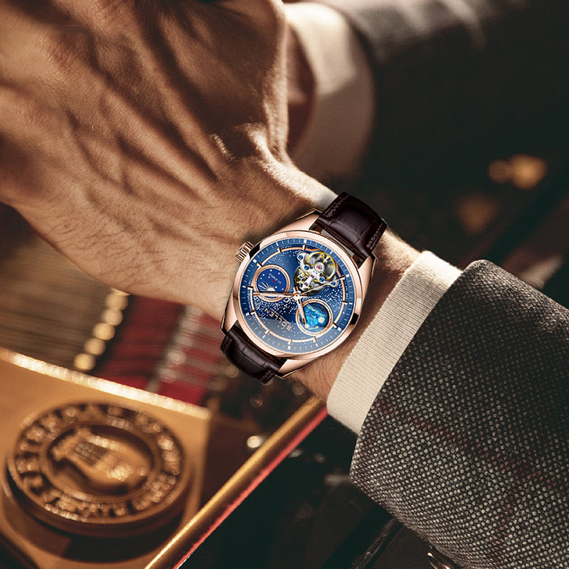 Sollen SL332 Men's Open Heart Automatic Mechanical Watch - 41mm Stainless Steel Case Sapphire Crystal Moon Phase Dual Time Leather Strap Wristwatch
