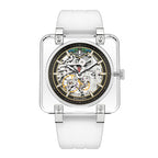 Sollen SL325 Men's Square Skeleton Automatic Mechanical Watch - 42mm Transparent K9 Crystal Case Open Heart Luminous Dial Liquid Silicone Strap Wristwatch