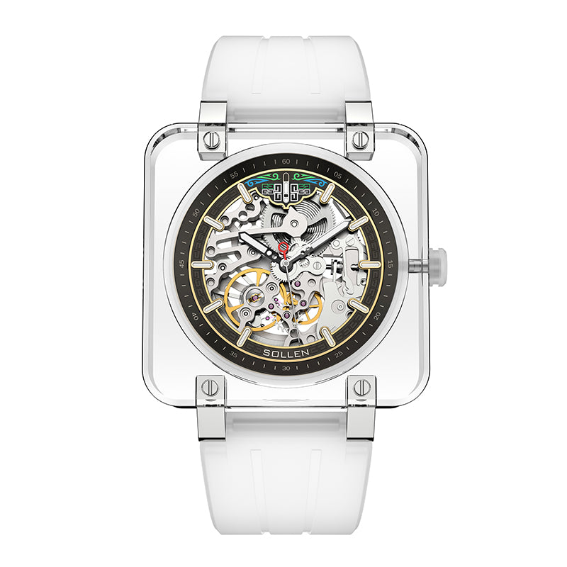 Sollen SL325 Men's Square Skeleton Automatic Mechanical Watch - 42mm Transparent K9 Crystal Case Open Heart Luminous Dial Liquid Silicone Strap Wristwatch
