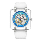 Sollen SL325 Men's Square Skeleton Automatic Mechanical Watch - 42mm Transparent K9 Crystal Case Open Heart Luminous Dial Liquid Silicone Strap Wristwatch