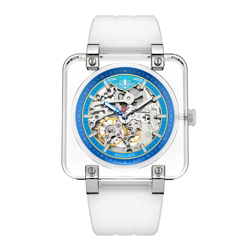 Sollen SL325 Men's Square Skeleton Automatic Mechanical Watch - 42mm Transparent K9 Crystal Case Open Heart Luminous Dial Liquid Silicone Strap Wristwatch