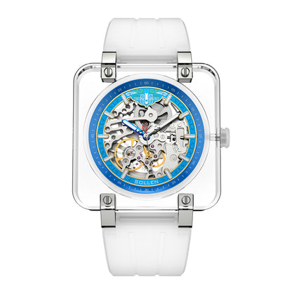 Sollen SL325 Men's Square Skeleton Automatic Mechanical Watch - 42mm Transparent K9 Crystal Case Open Heart Luminous Dial Liquid Silicone Strap Wristwatch