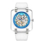 Sollen SL325 Men's Square Skeleton Automatic Mechanical Watch - 42mm Transparent K9 Crystal Case Open Heart Luminous Dial Liquid Silicone Strap Wristwatch