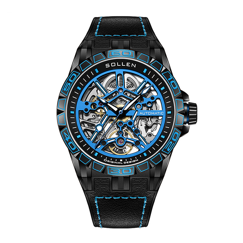 Sollen SL326 Men's Skeleton Automatic Mechanical Watch - 43mm 316L Stainless Steel Case Sapphire Crystal Multi-Layer Dial Leather-Pattern Silicone Strap Wristwatch