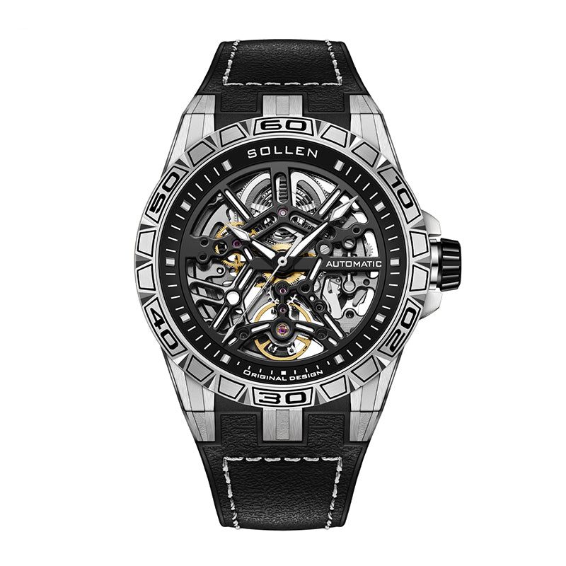 Sollen SL326 Men's Skeleton Automatic Mechanical Watch - 43mm 316L Stainless Steel Case Sapphire Crystal Multi-Layer Dial Leather-Pattern Silicone Strap Wristwatch