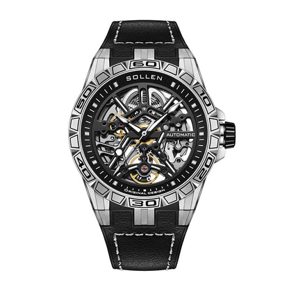 Sollen SL326 Men's Skeleton Automatic Mechanical Watch - 43mm 316L Stainless Steel Case Sapphire Crystal Multi-Layer Dial Leather-Pattern Silicone Strap Wristwatch