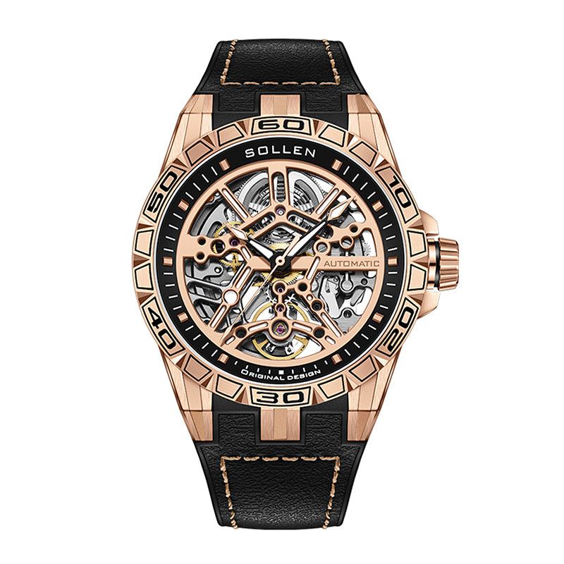 Sollen SL326 Men's Skeleton Automatic Mechanical Watch - 43mm 316L Stainless Steel Case Sapphire Crystal Multi-Layer Dial Leather-Pattern Silicone Strap Wristwatch
