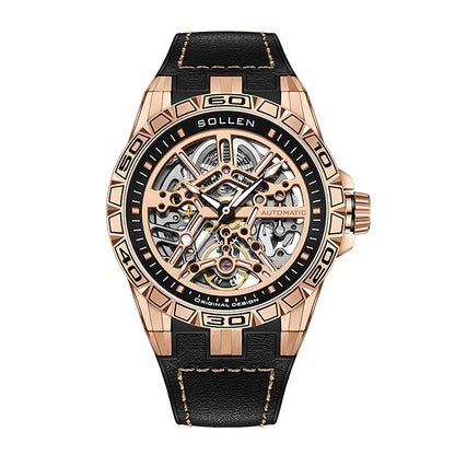 Sollen SL326 Men's Skeleton Automatic Mechanical Watch - 43mm 316L Stainless Steel Case Sapphire Crystal Multi-Layer Dial Leather-Pattern Silicone Strap Wristwatch