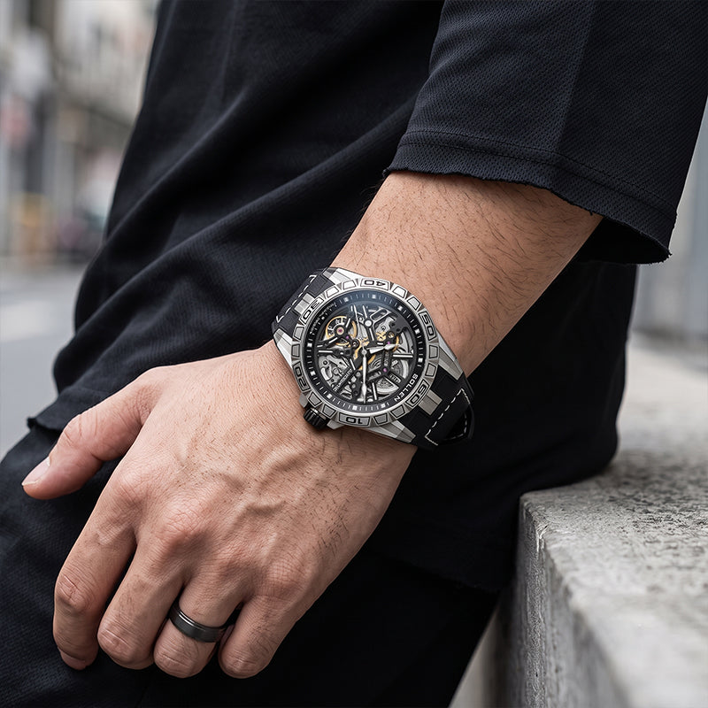 Sollen SL326 Men's Skeleton Automatic Mechanical Watch - 43mm 316L Stainless Steel Case Sapphire Crystal Multi-Layer Dial Leather-Pattern Silicone Strap Wristwatch