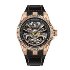 Sollen SL328 Men's Skeleton Automatic Mechanical Watch - 43mm 316L Stainless Steel Case Sapphire Crystal Multi-Layer Dial Leather-Pattern Silicone Strap Wristwatch