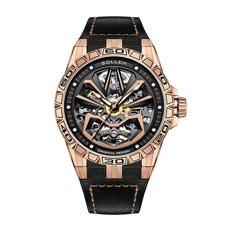 Sollen SL328 Men's Skeleton Automatic Mechanical Watch - 43mm 316L Stainless Steel Case Sapphire Crystal Multi-Layer Dial Leather-Pattern Silicone Strap Wristwatch