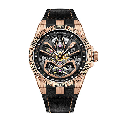 Sollen SL328 Men's Skeleton Automatic Mechanical Watch - 43mm 316L Stainless Steel Case Sapphire Crystal Multi-Layer Dial Leather-Pattern Silicone Strap Wristwatch