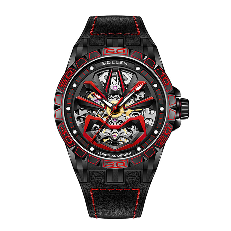 Sollen SL328 Men's Skeleton Automatic Mechanical Watch - 43mm 316L Stainless Steel Case Sapphire Crystal Multi-Layer Dial Leather-Pattern Silicone Strap Wristwatch
