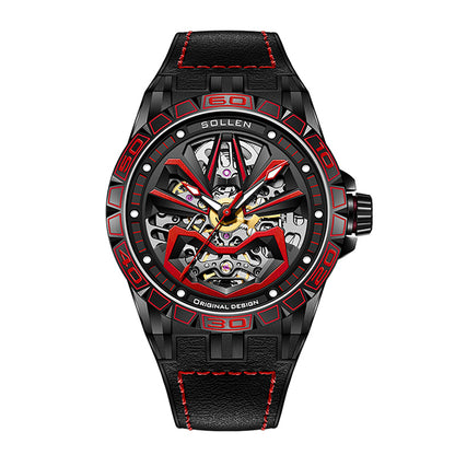 Sollen SL328 Men's Skeleton Automatic Mechanical Watch - 43mm 316L Stainless Steel Case Sapphire Crystal Multi-Layer Dial Leather-Pattern Silicone Strap Wristwatch