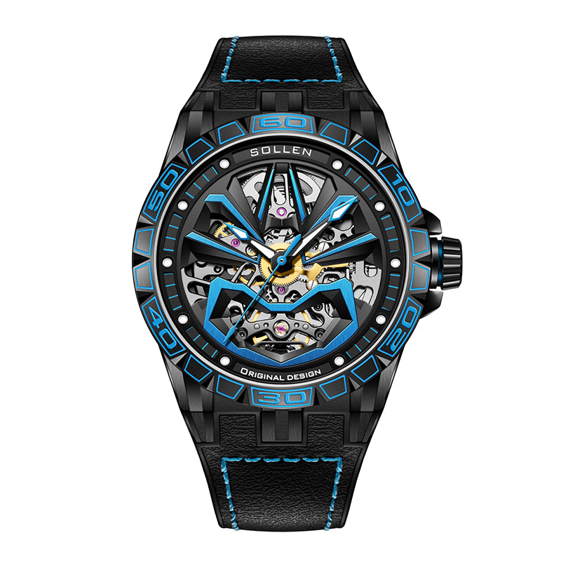 Sollen SL328 Men's Skeleton Automatic Mechanical Watch - 43mm 316L Stainless Steel Case Sapphire Crystal Multi-Layer Dial Leather-Pattern Silicone Strap Wristwatch