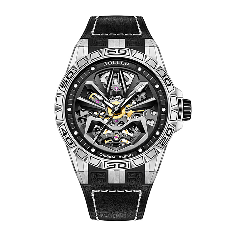 Sollen SL328 Men's Skeleton Automatic Mechanical Watch - 43mm 316L Stainless Steel Case Sapphire Crystal Multi-Layer Dial Leather-Pattern Silicone Strap Wristwatch