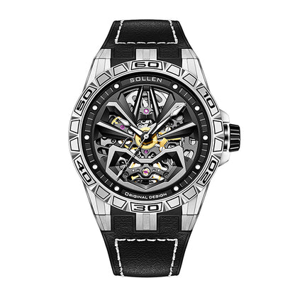 Sollen SL328 Men's Skeleton Automatic Mechanical Watch - 43mm 316L Stainless Steel Case Sapphire Crystal Multi-Layer Dial Leather-Pattern Silicone Strap Wristwatch