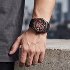 Sollen SL328 Men's Skeleton Automatic Mechanical Watch - 43mm 316L Stainless Steel Case Sapphire Crystal Multi-Layer Dial Leather-Pattern Silicone Strap Wristwatch