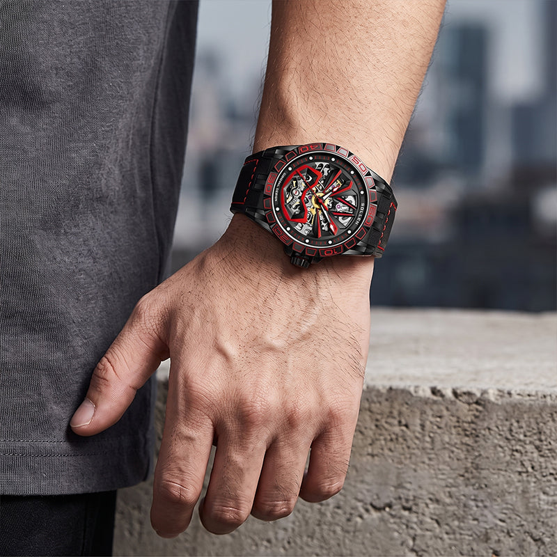 Sollen SL328 Men's Skeleton Automatic Mechanical Watch - 43mm 316L Stainless Steel Case Sapphire Crystal Multi-Layer Dial Leather-Pattern Silicone Strap Wristwatch