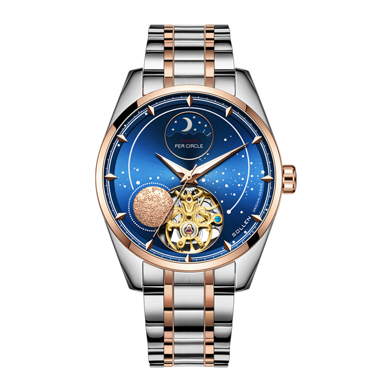 Sollen SL329 Men's Open Heart Automatic Mechanical Watch - 41mm Stainless Steel Case Sapphire Crystal Moon Phase Celestial Dial Bracelet Wristwatch