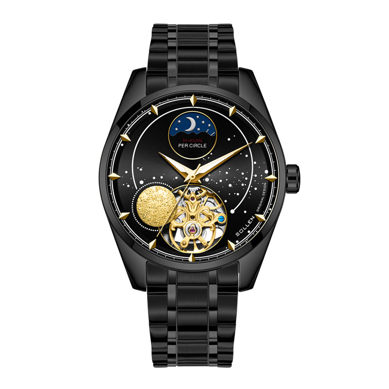 Sollen SL329 Men's Open Heart Automatic Mechanical Watch - 41mm Stainless Steel Case Sapphire Crystal Moon Phase Celestial Dial Bracelet Wristwatch