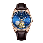 Sollen SL329 Men's Open Heart Automatic Mechanical Watch - 41mm Stainless Steel Case Moon Phase Celestial Dial Leather Strap Wristwatch