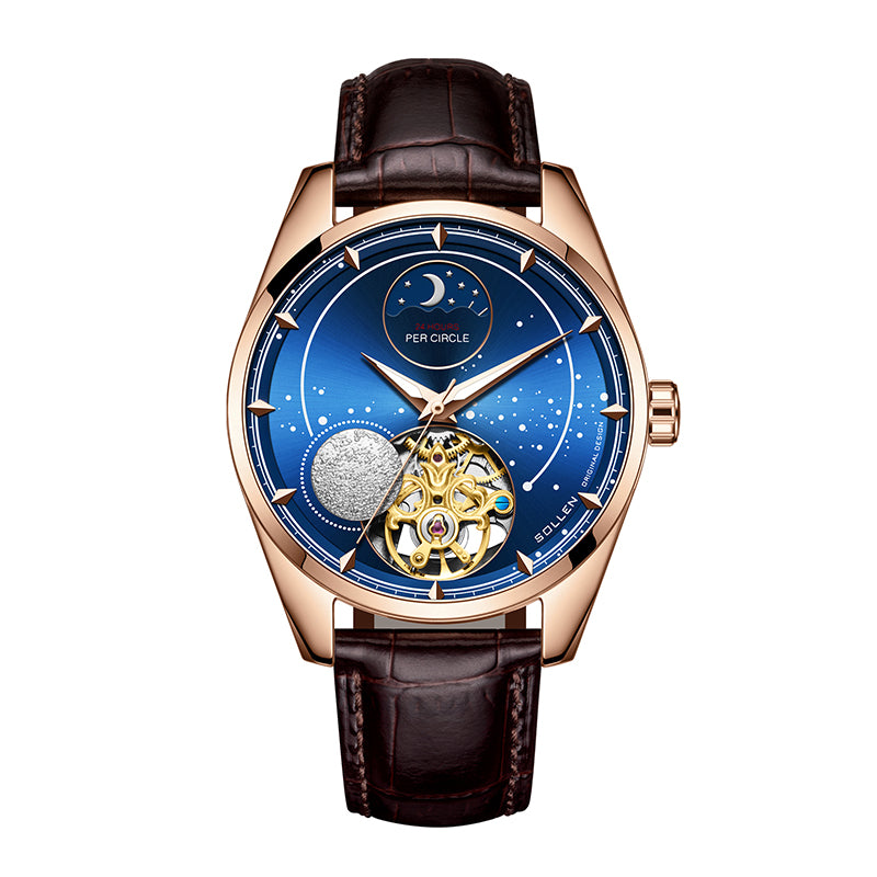 Sollen SL329 Men's Open Heart Automatic Mechanical Watch - 41mm Stainless Steel Case Moon Phase Celestial Dial Leather Strap Wristwatch