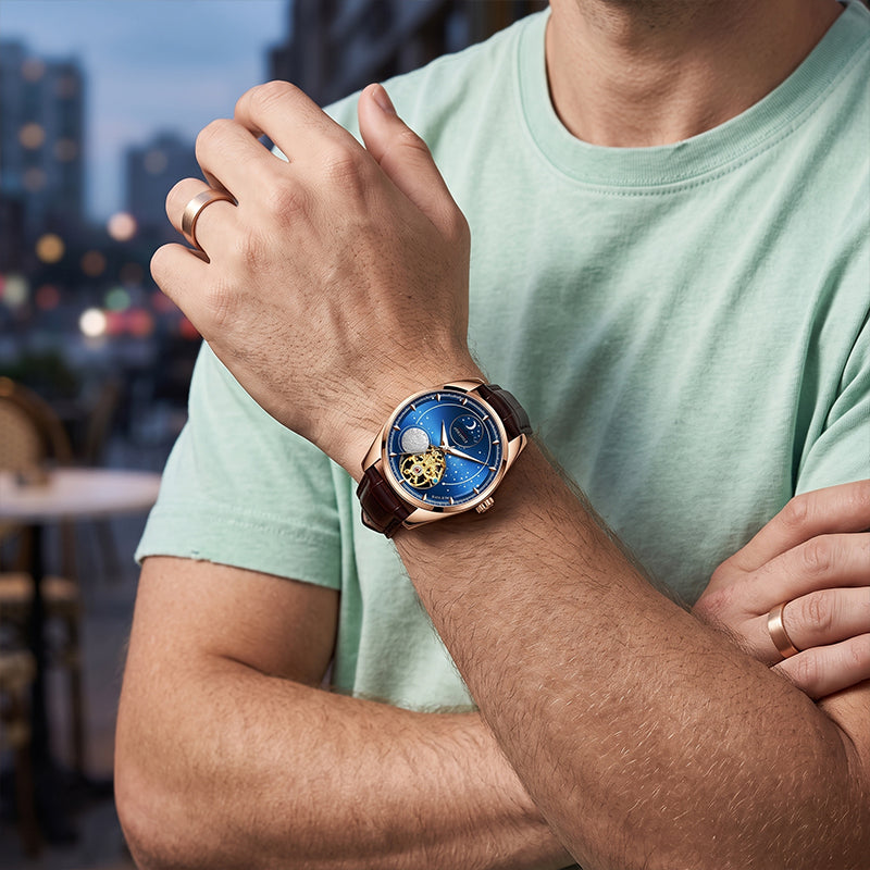 Sollen SL329 Men's Open Heart Automatic Mechanical Watch - 41mm Stainless Steel Case Moon Phase Celestial Dial Leather Strap Wristwatch